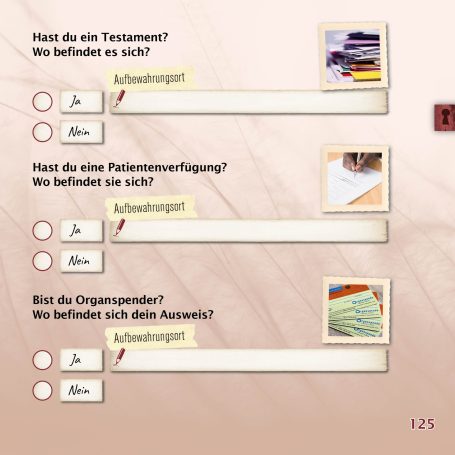 Beispielseite aus Schatzkästchen zur Vorsorge Beispielseite aus Schatzkästchen zu Fragen zur Vorsorge